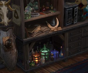 A shelf of potions and equipment