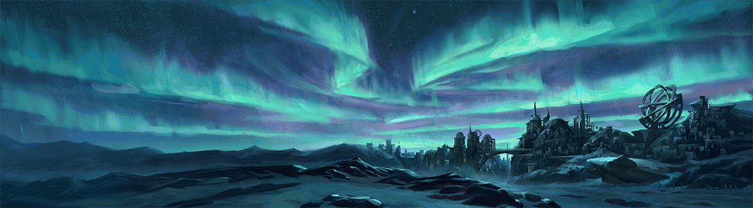 The northern lights over a winter fantasy landscape including a ruin