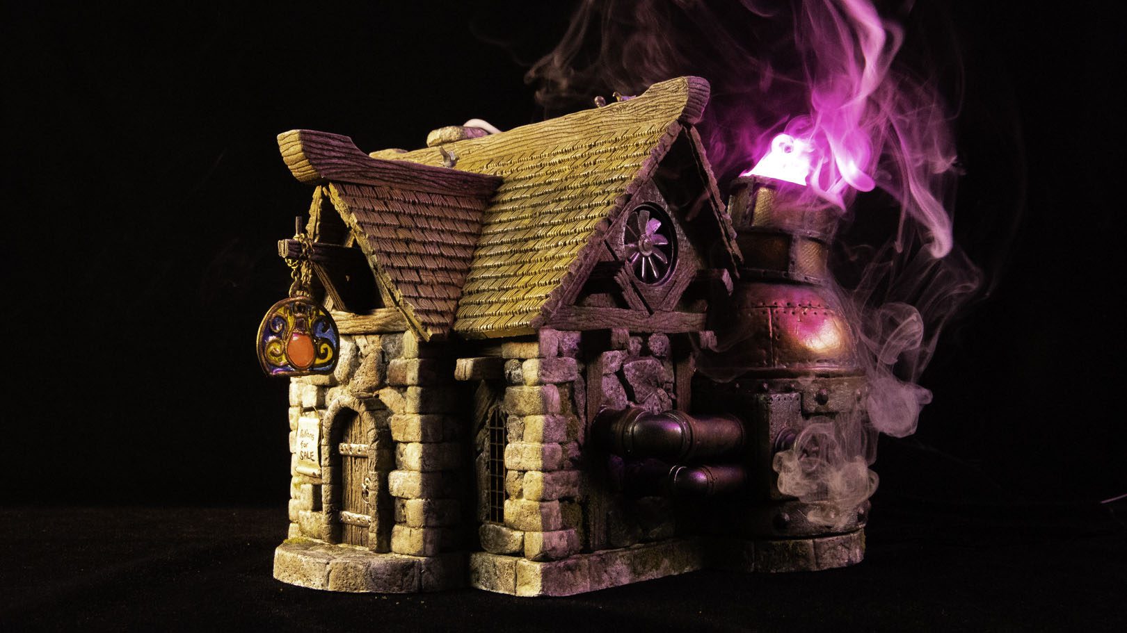 A miniature fantasy alchemy shop with arcane smoke billowing out its chimney
