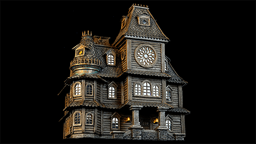 A haunted house miniature with large windows for tabletop games like D&D