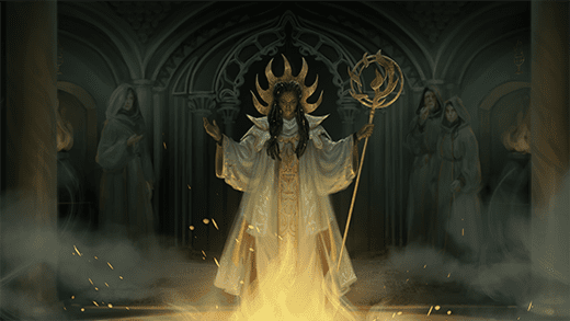 A cleric worships their deity with fire, casting a pyromancy spell